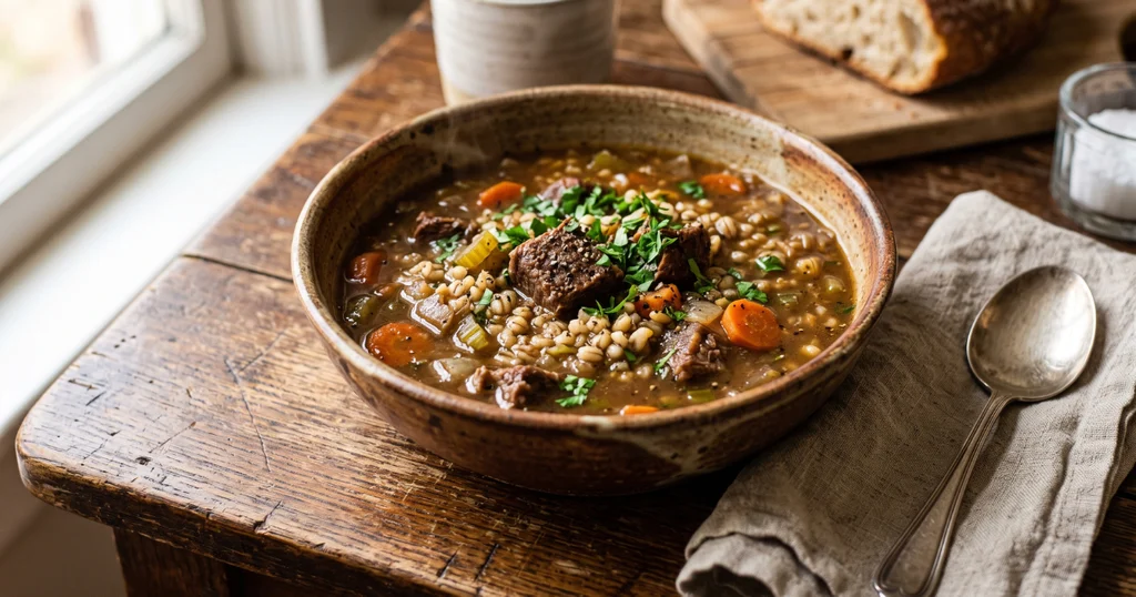 A bowl of homemade beef barley soup with tender beef chunks, pearl barley, carrots, and fresh parsley in rich brown broth