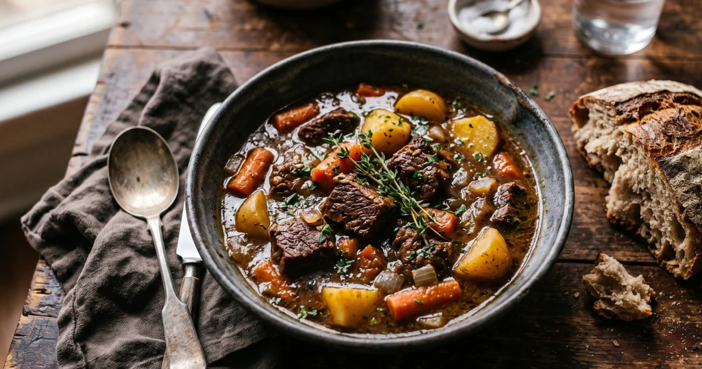 A bowl of homemade beef stew with tender beef chunks, carrots, potatoes, and rich brown gravy served on a rustic wooden table
