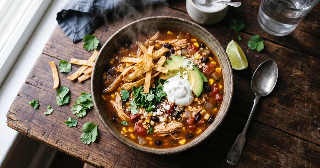 A bowl of homemade chicken tortilla soup topped with crispy tortilla strips, avocado, sour cream, and cilantro on a dark wood surface