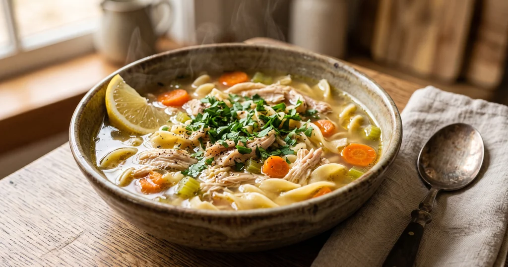 A ceramic bowl of chicken noodle soup homemade with egg noodles, shredded chicken, carrots, and fresh parsley in golden broth