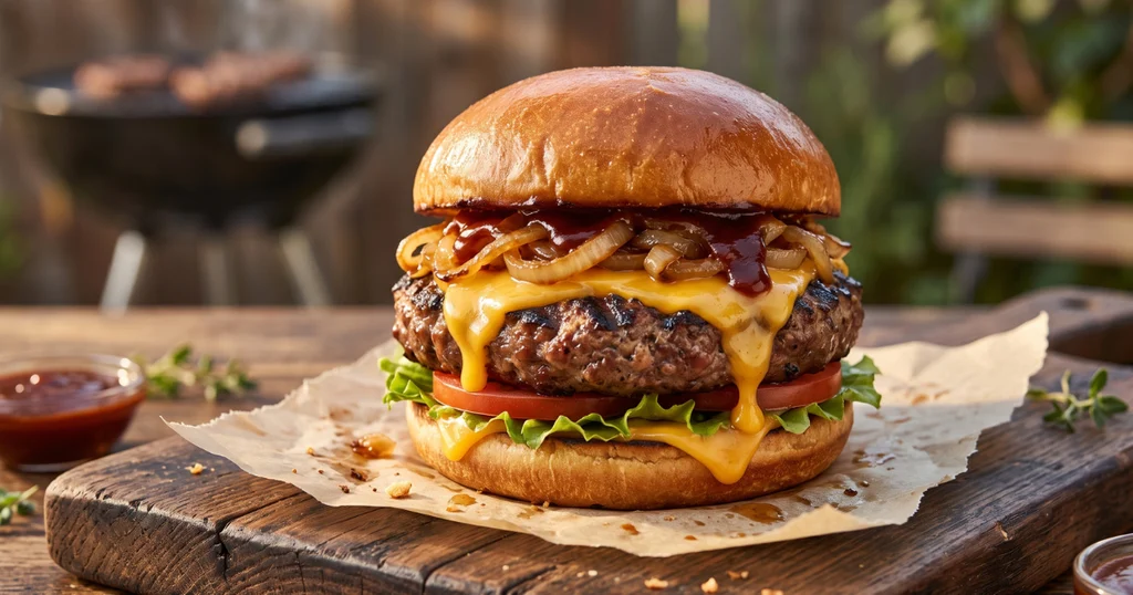 A juicy BBQ burger with melted cheese, caramelized onions, and smoky BBQ sauce on a brioche bun served on a wooden board