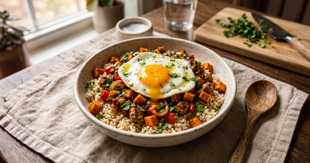 A serving bowl of sweet potato and sausage hash over brown rice topped with a fried egg and fresh parsley garnish