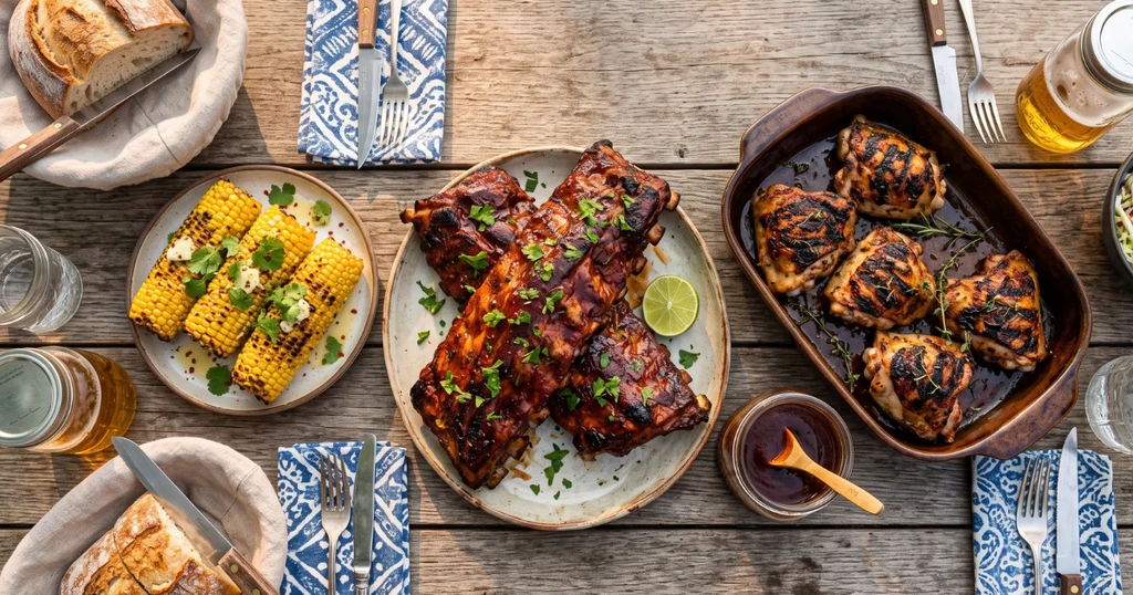 A spread of easy BBQ recipes on a wooden outdoor table including ribs, grilled chicken thighs, and corn on the cob