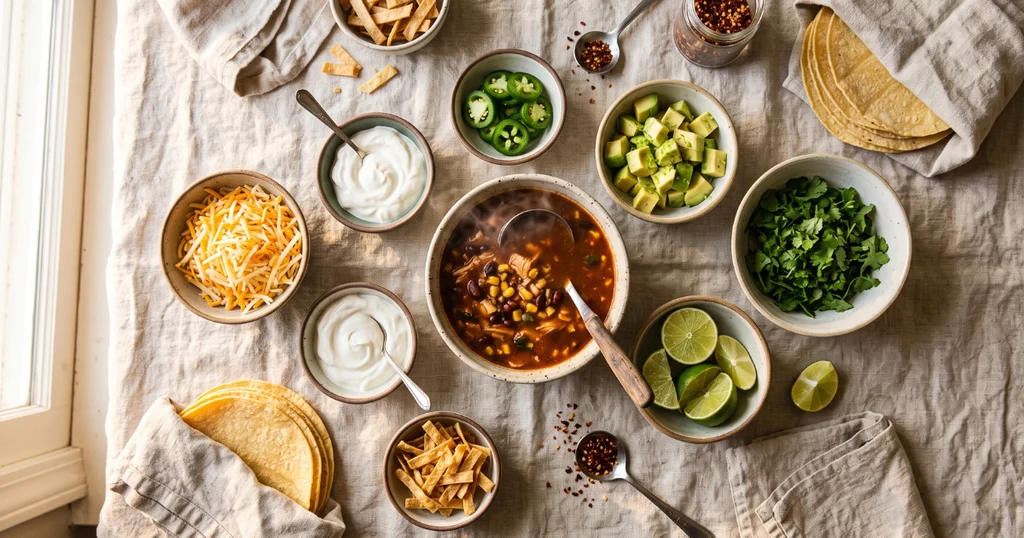 A toppings bar for chicken tortilla soup with small bowls of cheese, sour cream, jalapeños, avocado, cilantro, and lime wedges arranged around a central soup bowl