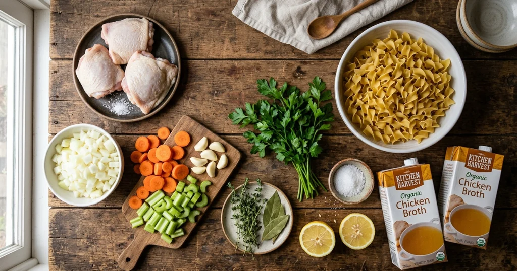 All ingredients for chicken noodle soup homemade laid out on a wooden board including chicken thighs, carrots, celery, egg noodles, and fresh herbs