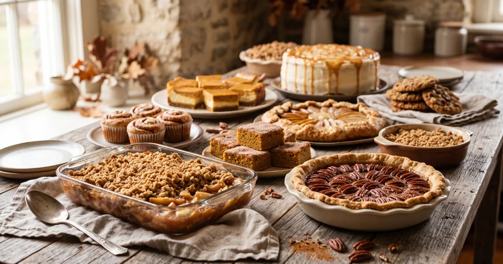 Assortment of homemade fall desserts with apple crisp pumpkin bars cookies and pear crumble