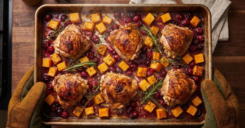 Baked chicken thighs with roasted butternut squash and burst cranberries on a sheet pan