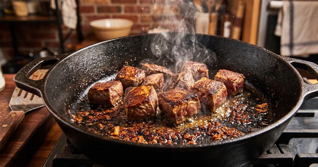 Beef chunks searing in a hot Dutch oven with a golden-brown crust forming, steam rising from the pan