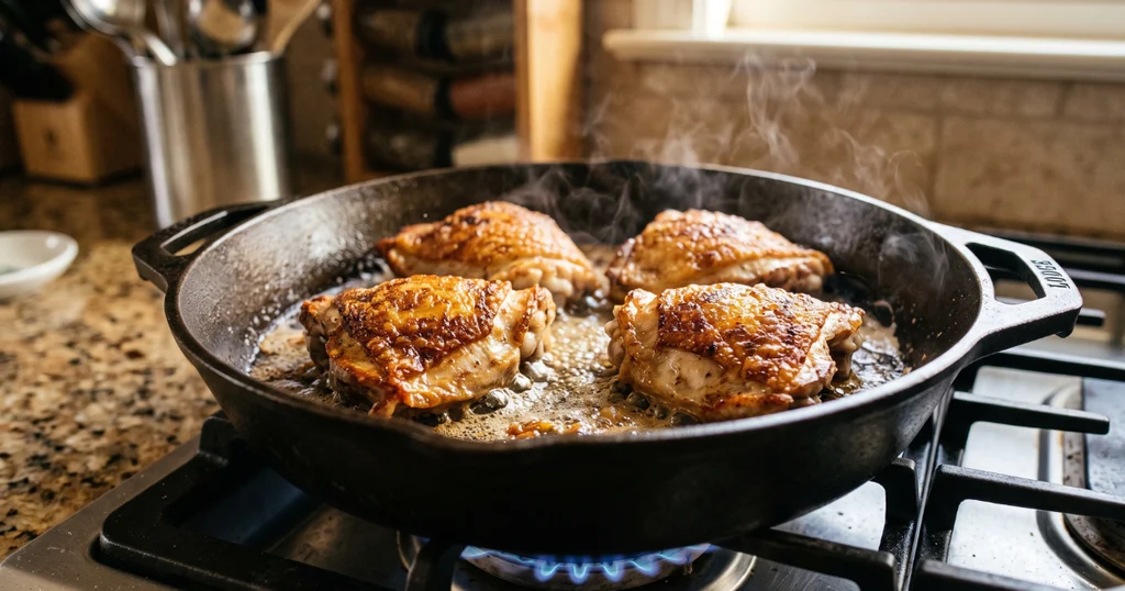 Bone-in chicken thighs searing skin-side down in a Dutch oven with butter for homemade chicken noodle soup