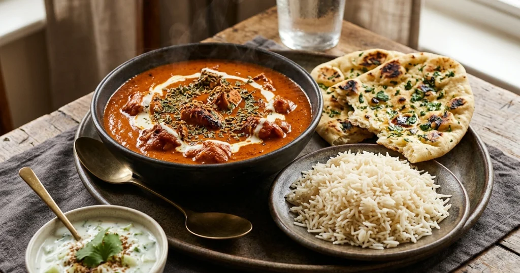 Bowl of creamy butter chicken served with basmati rice, garlic naan and cucumber raita