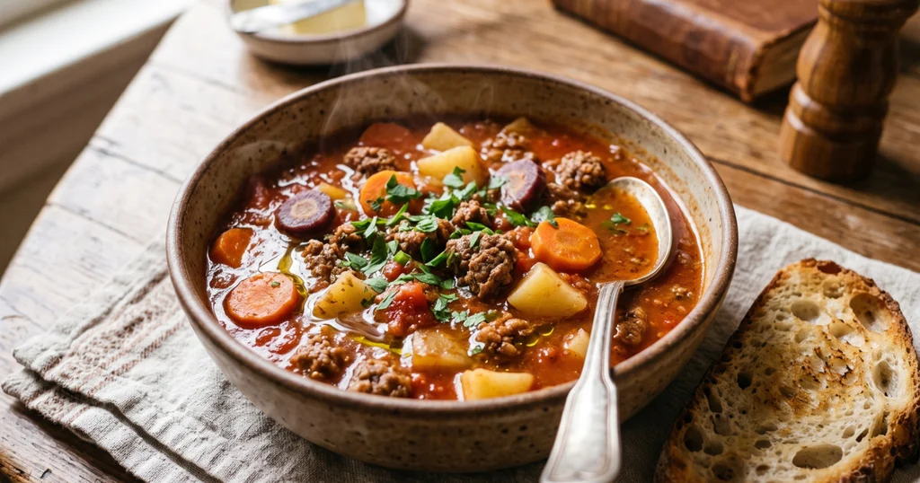 Bowl of hearty ground beef soup with potatoes, carrots and parsley, served with crusty sourdough bread