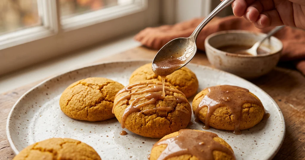 Brown butter glaze drizzled over soft pumpkin cookies