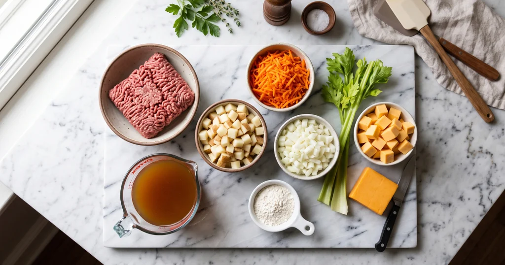 Cheeseburger soup ingredients laid out on a marble surface including ground beef, potatoes, cheddar, and Velveeta