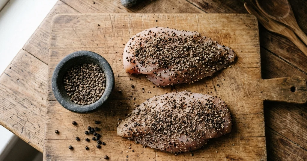 Chicken cutlets coated in cracked black peppercorns, ready for a chicken au poivre recipe