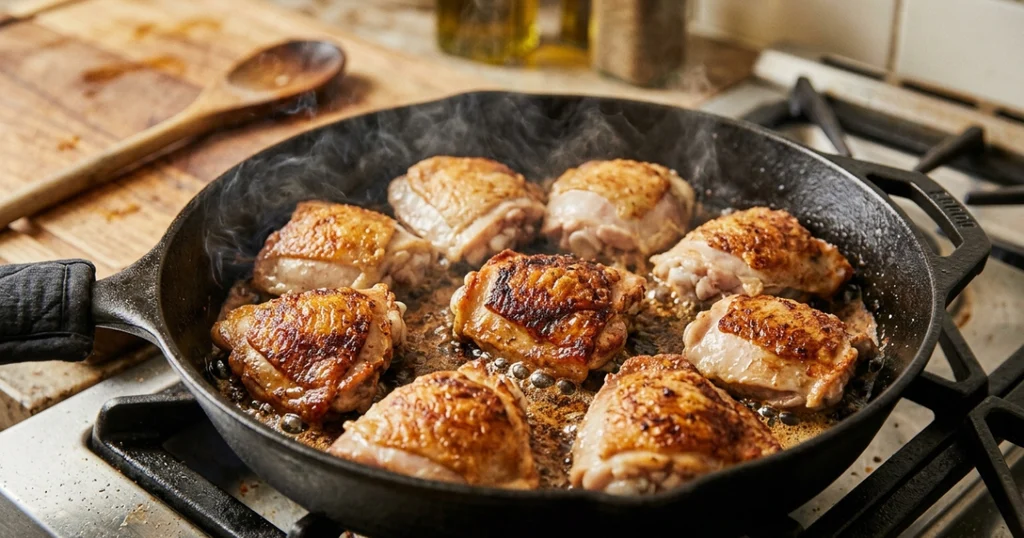 Chicken thighs searing skin-side down in a cast iron skillet until the skin turns deep golden and crisp.