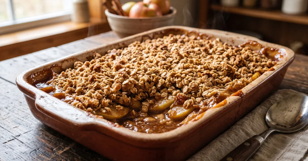 Classic spiced apple crisp with cinnamon apples and golden oat topping