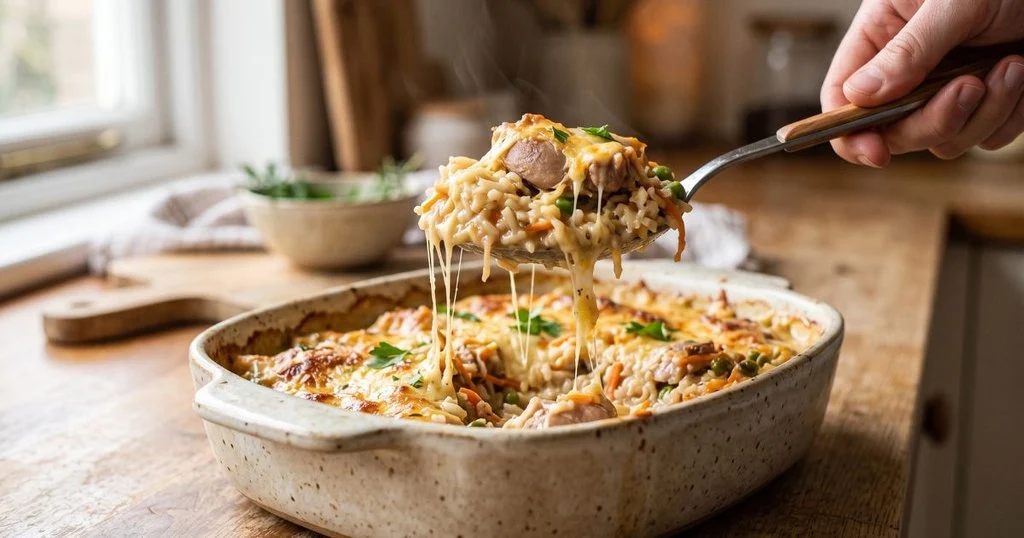 Close-up of a serving of creamy chicken and rice casserole with melted cheddar