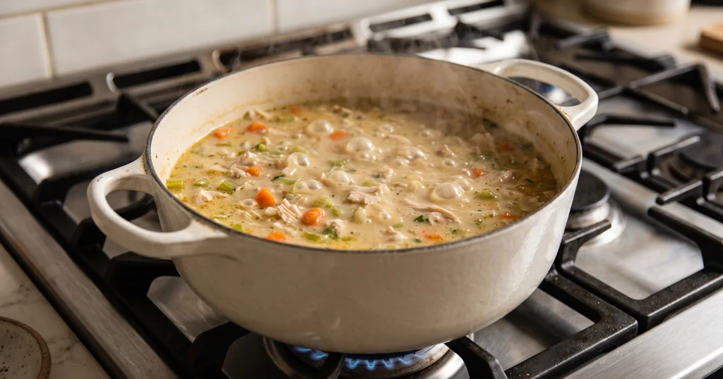 Close-up of thick creamy chicken stew simmering in a pot with shredded chicken, carrots, and celery
