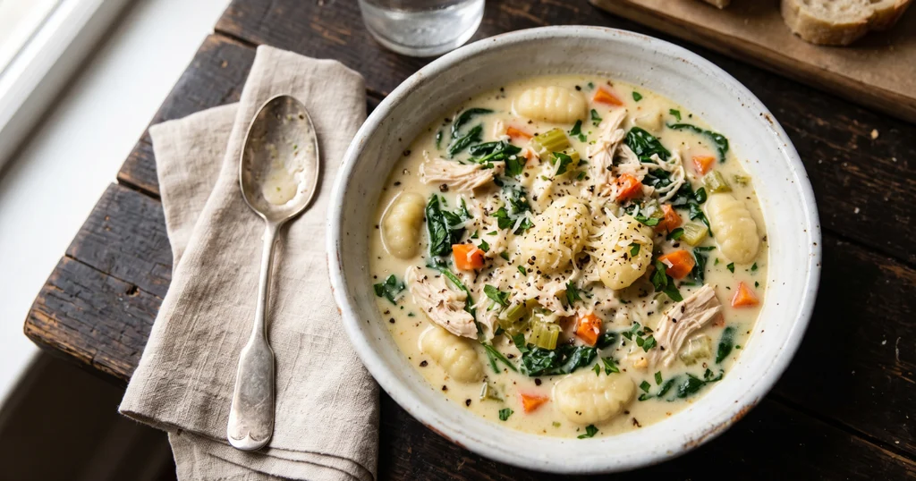 Creamy chicken gnocchi soup in a white ceramic bowl topped with Parmesan and black pepper