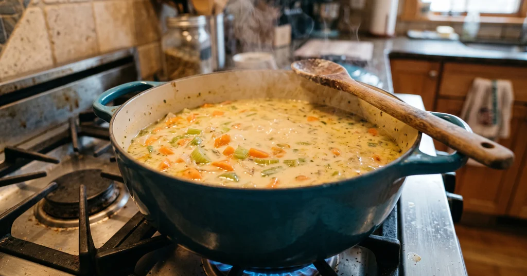 Creamy soup base simmering in a Dutch oven with carrots, celery, and onion before adding chicken and gnocchi