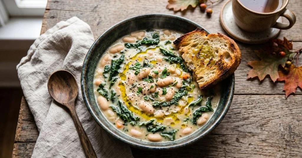 Creamy white bean and kale soup with a drizzle of olive oil and toasted sourdough on the side