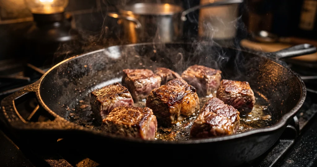Cubed beef chuck searing in a hot Dutch oven, developing a golden-brown crust for beef barley soup