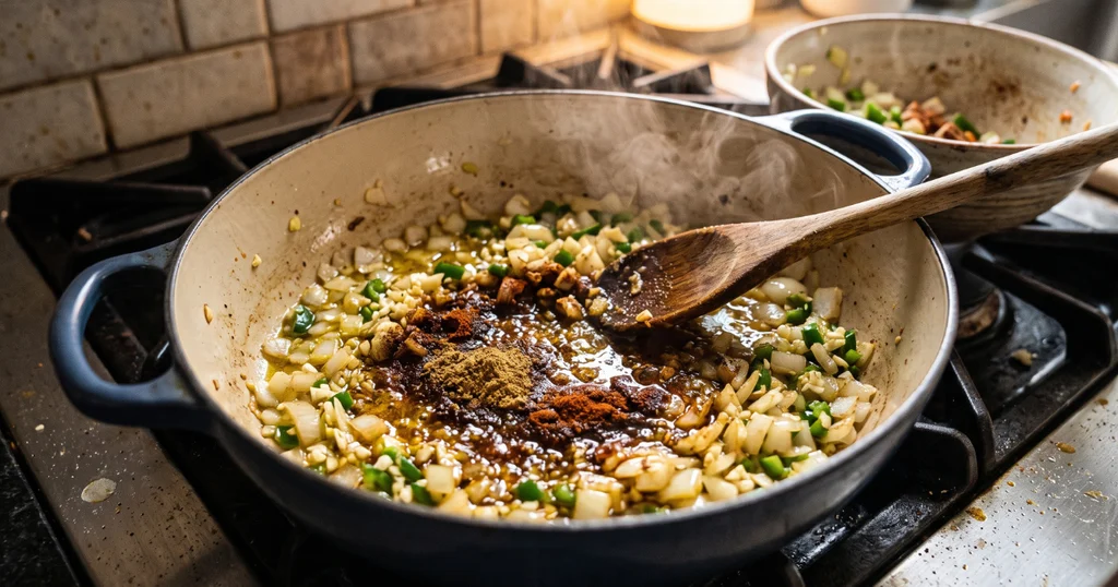 Cumin, chili powder, and smoked paprika blooming with sautéed onion and garlic in a Dutch oven for chicken tortilla soup