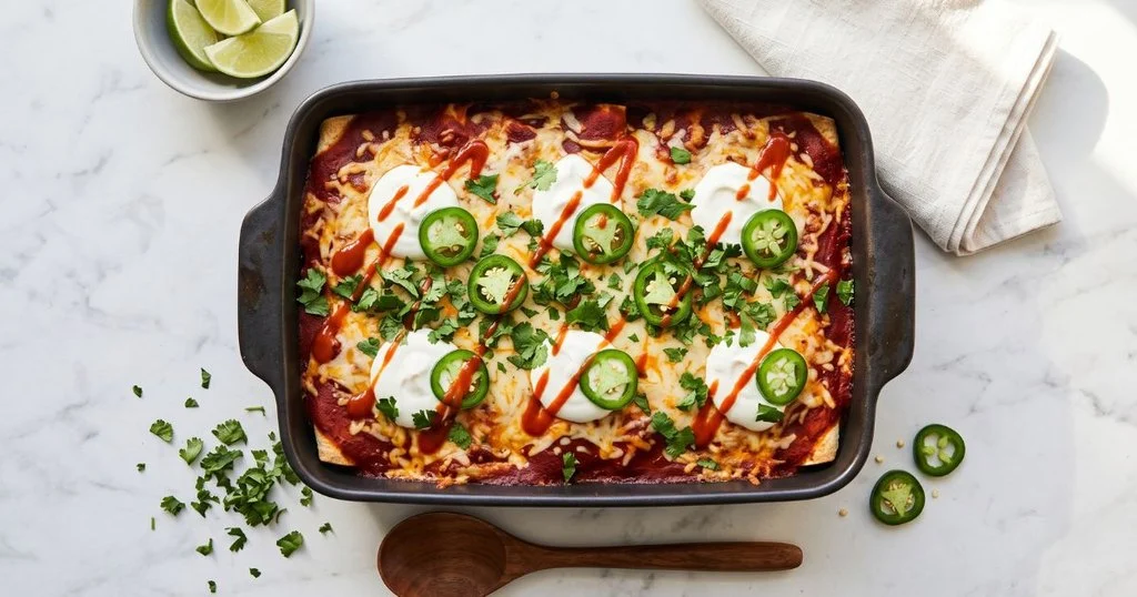 Enchilada casserole topped with sour cream, jalapeños, and cilantro in a dark baking dish