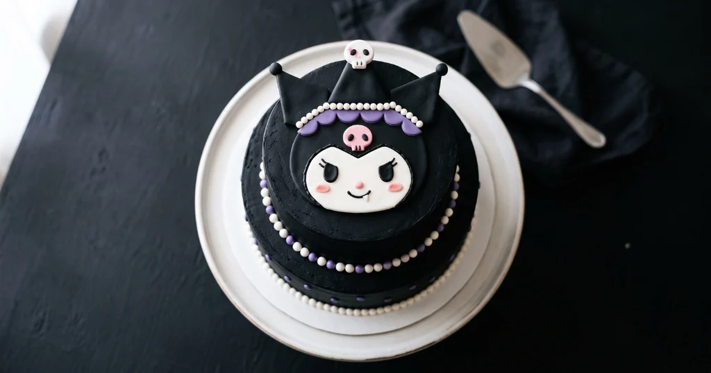 Finished kuromi cake on a white cake stand with black buttercream, white fondant face, pink eyes, and black jester hat with purple trim