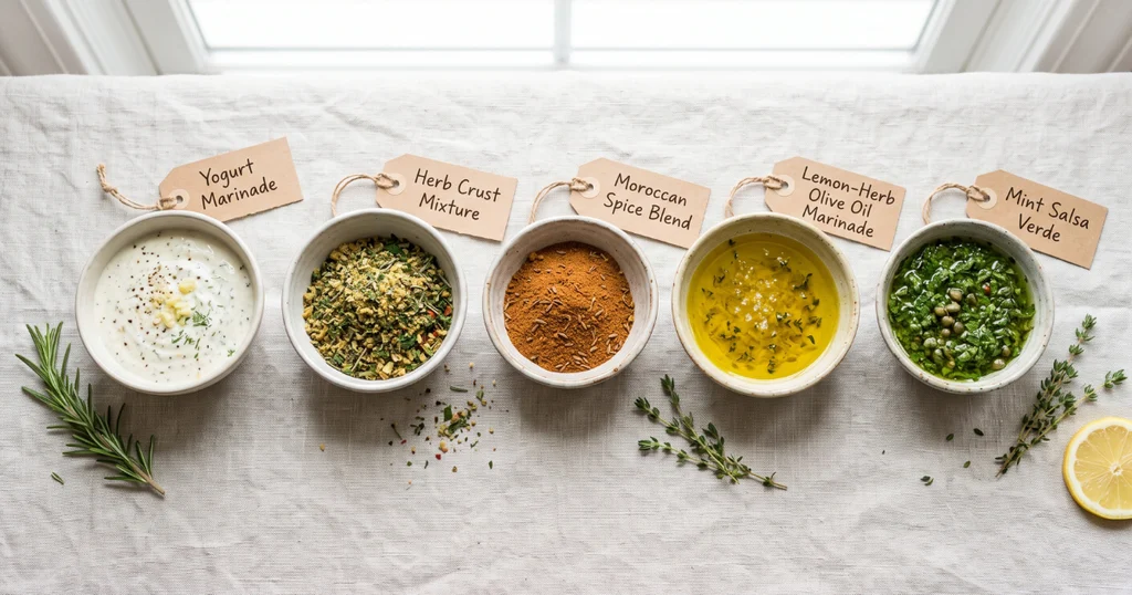 Five different lamb chop marinades and spice rubs displayed in small bowls on a linen surface
