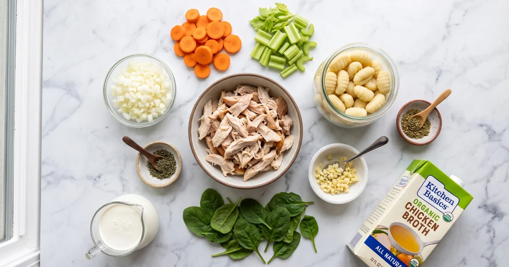 Flat lay of chicken gnocchi soup ingredients including gnocchi, shredded chicken, vegetables, cream, and fresh spinach