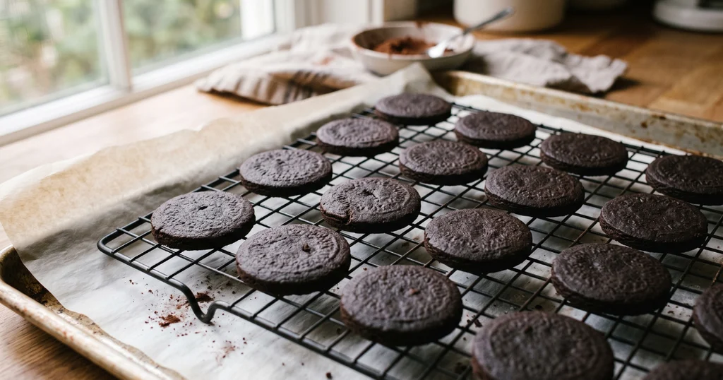 Freshly baked dark chocolate Oreo cookie wafers cooling on a wire rack after coming out of the oven