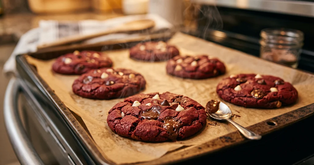 Freshly baked red velvet cookies on a parchment-lined baking sheet with crackled tops, set edges, and melted chocolate chips