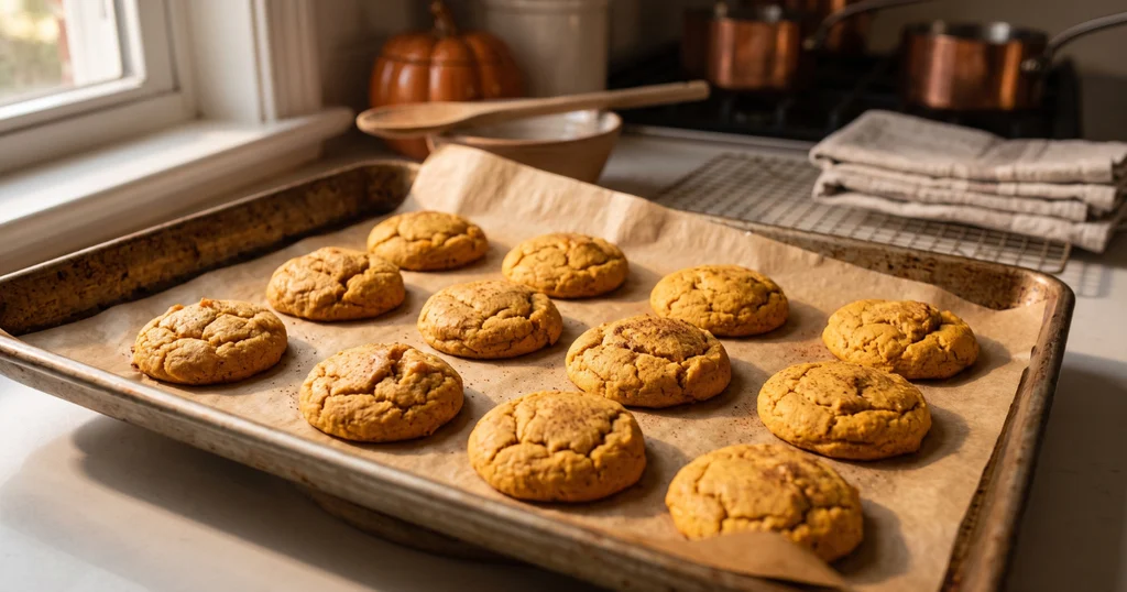 Freshly baked soft and chewy pumpkin cookies cooling on a baking sheet