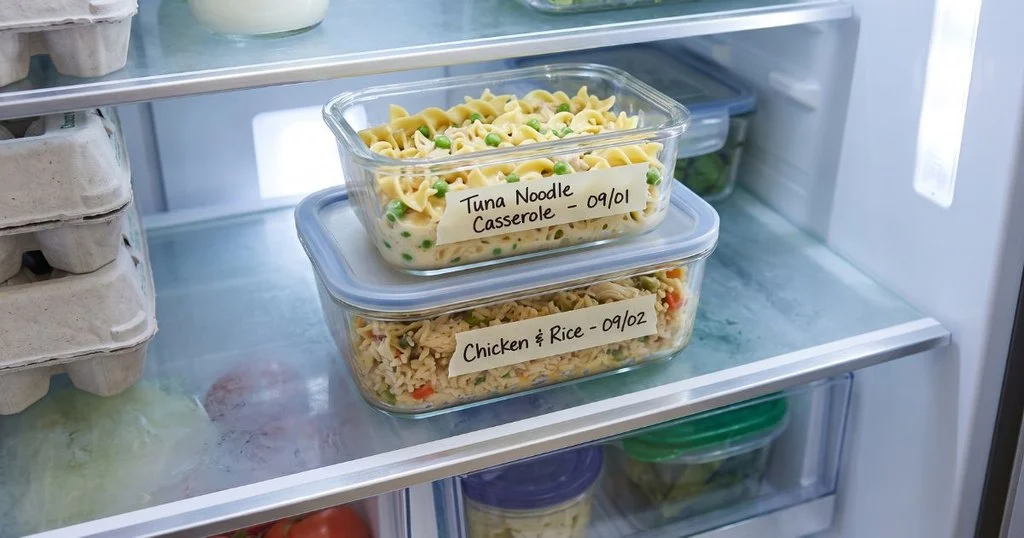 Glass containers with labeled casserole leftovers stored in a refrigerator