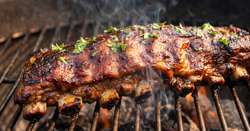 Glazed baby back ribs with caramelized BBQ sauce cooking on a charcoal grill with visible smoke and char marks