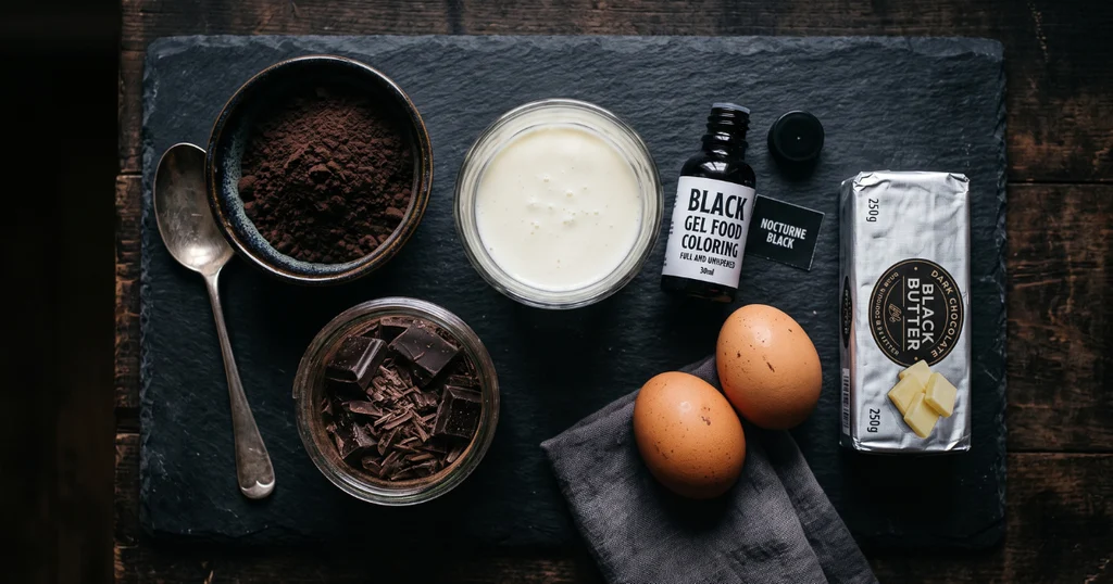 Gothic birthday cake ingredients including black cocoa powder, dark chocolate, and black gel food coloring arranged on a dark slate surface