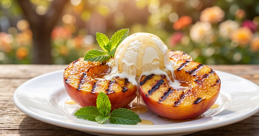 Grilled peach halves with caramelized sugar and grill marks served with vanilla ice cream and honey drizzle on a white plate