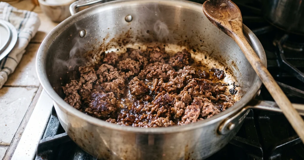 Ground beef browning in a Dutch oven with dark caramelized fond forming on the bottom of the pot