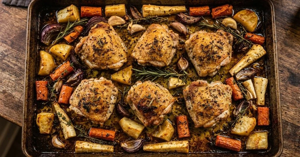 Herb-roasted chicken thighs with caramelized root vegetables and fresh thyme on a sheet pan