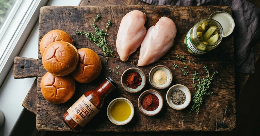 Ingredients for BBQ chicken sandwich recipes laid out on a wooden board including raw chicken breasts, spices, brioche buns, BBQ sauce, and pickles