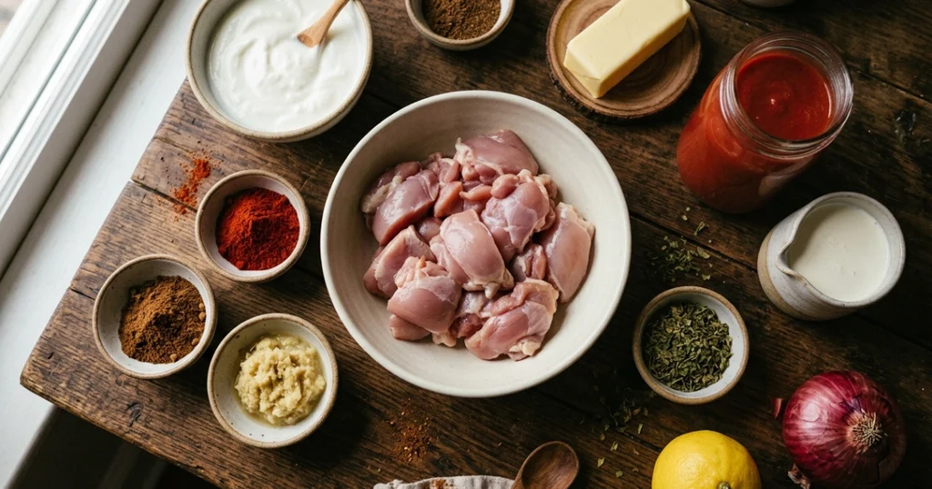 Ingredients for a butter chicken recipe, including chicken thighs, yogurt, garam masala, tomato passata, butter and cream