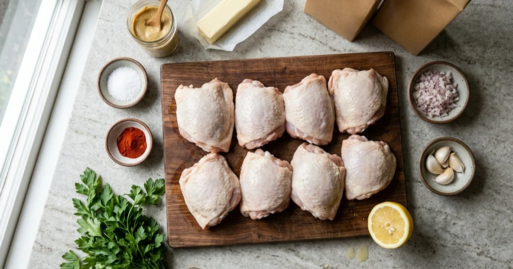 Ingredients for easy chicken dishes laid out on a counter, including bone-in chicken thighs, lemon, garlic, shallot, and smoked paprika.