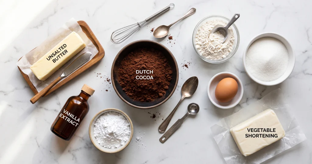 Ingredients for homemade Oreo cookies laid out on a white marble surface including Dutch-process cocoa, flour, butter, sugar, and egg