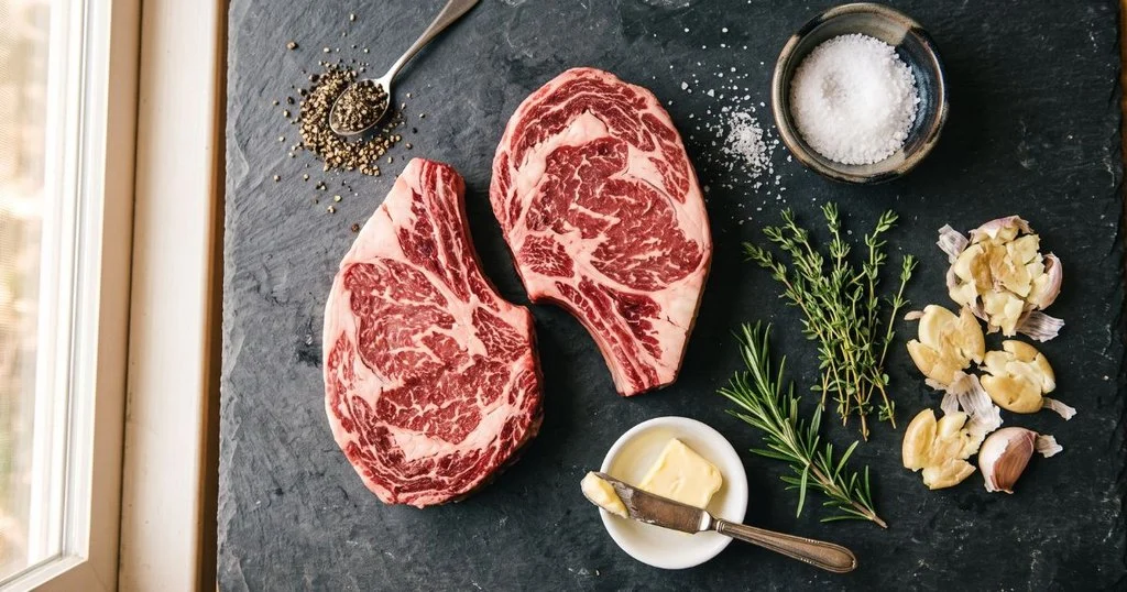 Ingredients for pan-seared garlic butter ribeye steak including kosher salt, thyme, butter, and garlic