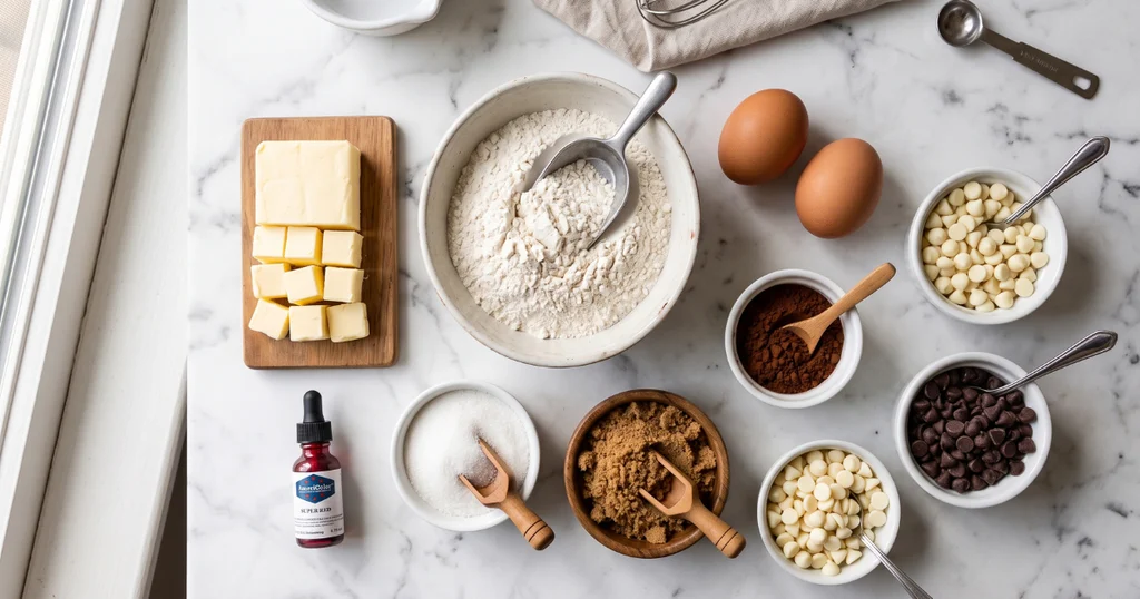 Ingredients for red velvet cookies laid out on a marble surface including flour, cocoa powder, cold butter, eggs, red gel food coloring, and chocolate chips