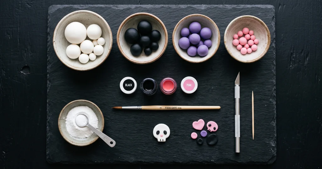 Kuromi cake decorating supplies laid flat including white and black fondant, black gel food coloring, a paintbrush, and a small fondant skull