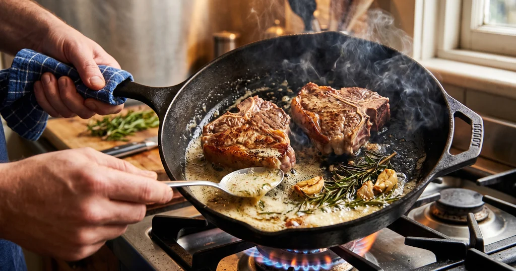 Lamb chops searing in a cast iron skillet with butter, rosemary, and garlic baste
