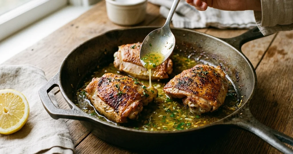 Lemon-garlic pan sauce spooned around crispy skillet chicken thighs, one of the easiest chicken dishes for weeknights.