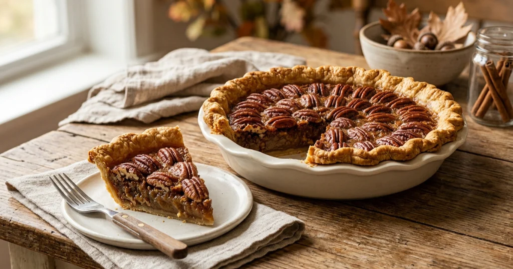 Maple pecan pie with glossy pecans and golden flaky crust